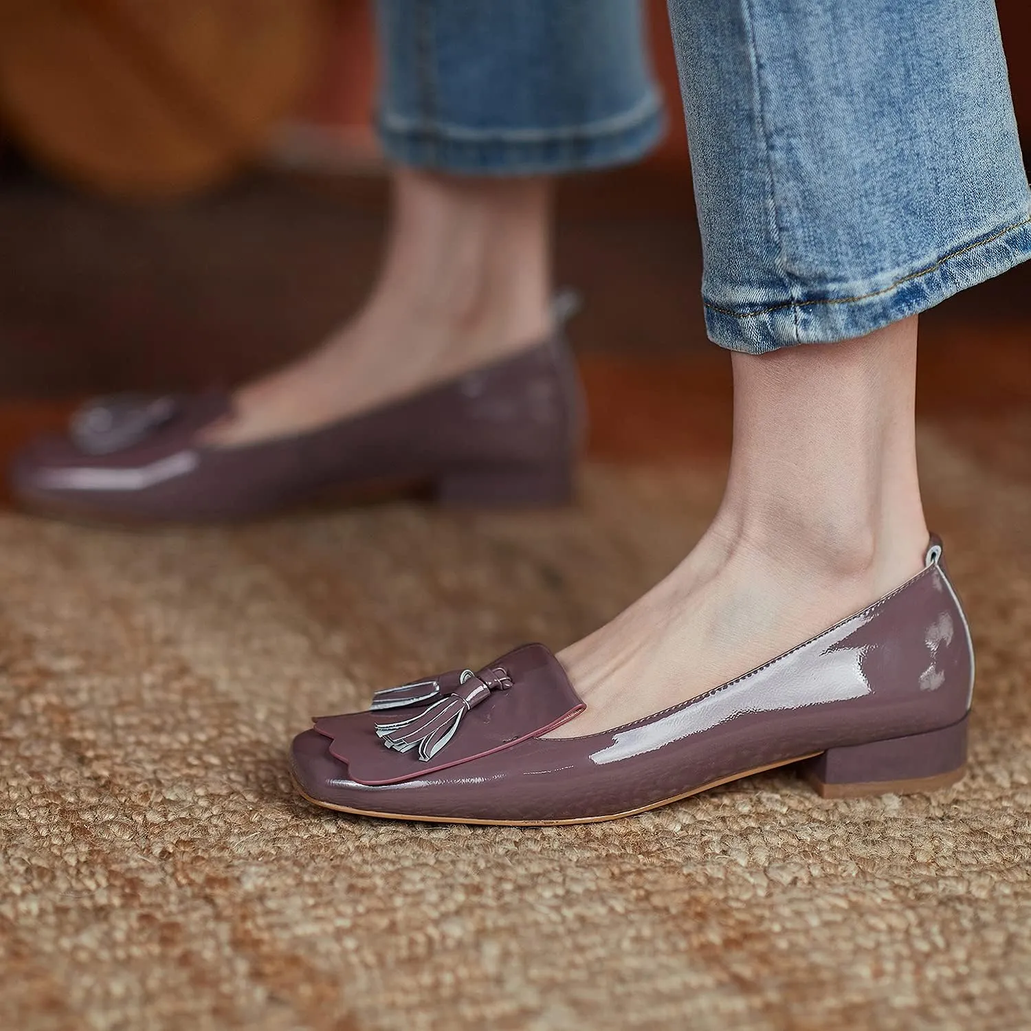 MOOMMO Women Square Toe Tassel Loafer Flats Patent Leather Slip on Fringed Flat Loafers Low Chunky Block Heels Penny Loafers Girls Office Ladies Cute Flats Shoes Casual Work School Fall 4-9 M US