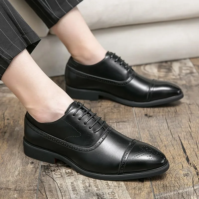 Oxford Shoes for Men Lace Up Pointed Burnished Toe Vegan Leather Cap Toe Oxford Shoes Slip Resistant Block Heel Rubber Sole Anti-Slip Wedding