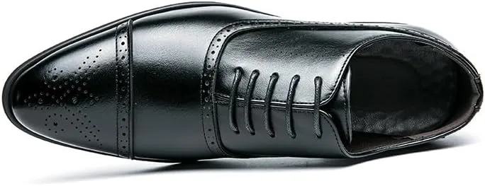 Oxford Shoes for Men Lace Up Pointed Burnished Toe Vegan Leather Cap Toe Oxford Shoes Slip Resistant Block Heel Rubber Sole Anti-Slip Wedding