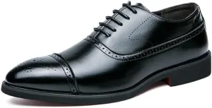 Oxford Shoes for Men Lace Up Pointed Burnished Toe Vegan Leather Cap Toe Oxford Shoes Slip Resistant Block Heel Rubber Sole Anti-Slip Wedding