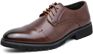 Oxford Shoes for Men Lace Up Round Burnished Toe PU Leather Cap Toe Derby Shoes Low Top Slip Resistant Anti-Slip Rubber Sole Block Heel Business(Brown,8)