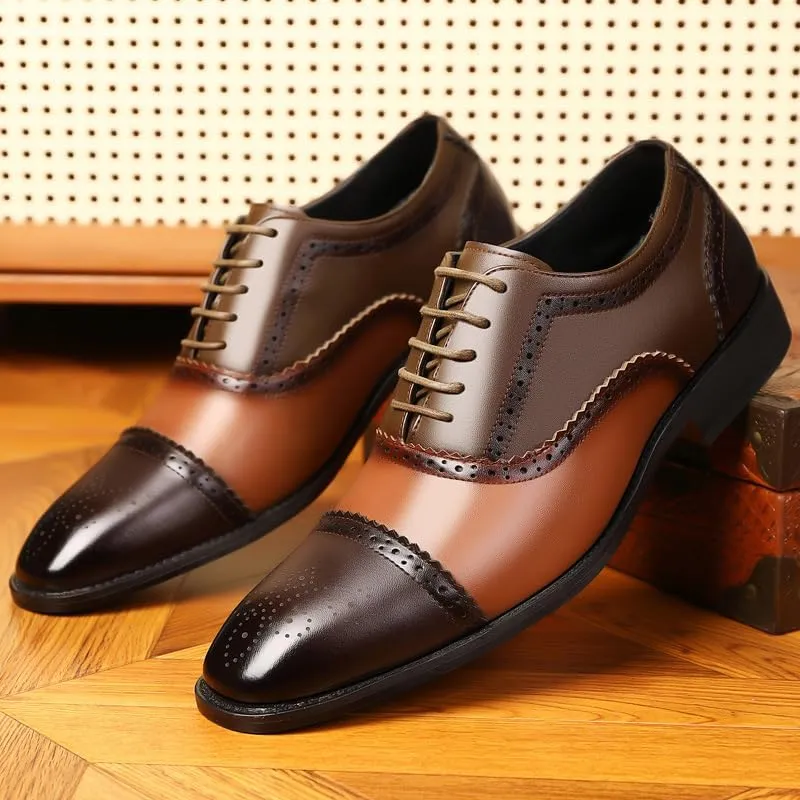 Oxford Shoes for Men Lace Up Square Toe Brogue Cap Toe PU Leather Oxford Shoes Rubber Sole Anti-Slip Low Top Non Slip Resistant Prom
