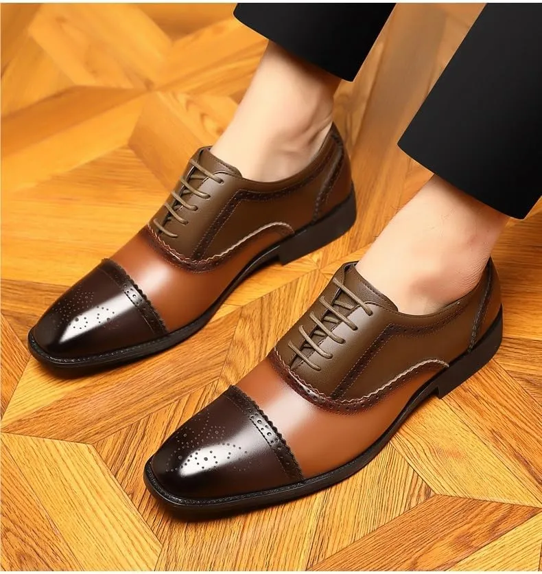 Oxford Shoes for Men Lace Up Square Toe Brogue Cap Toe PU Leather Oxford Shoes Rubber Sole Anti-Slip Low Top Non Slip Resistant Prom