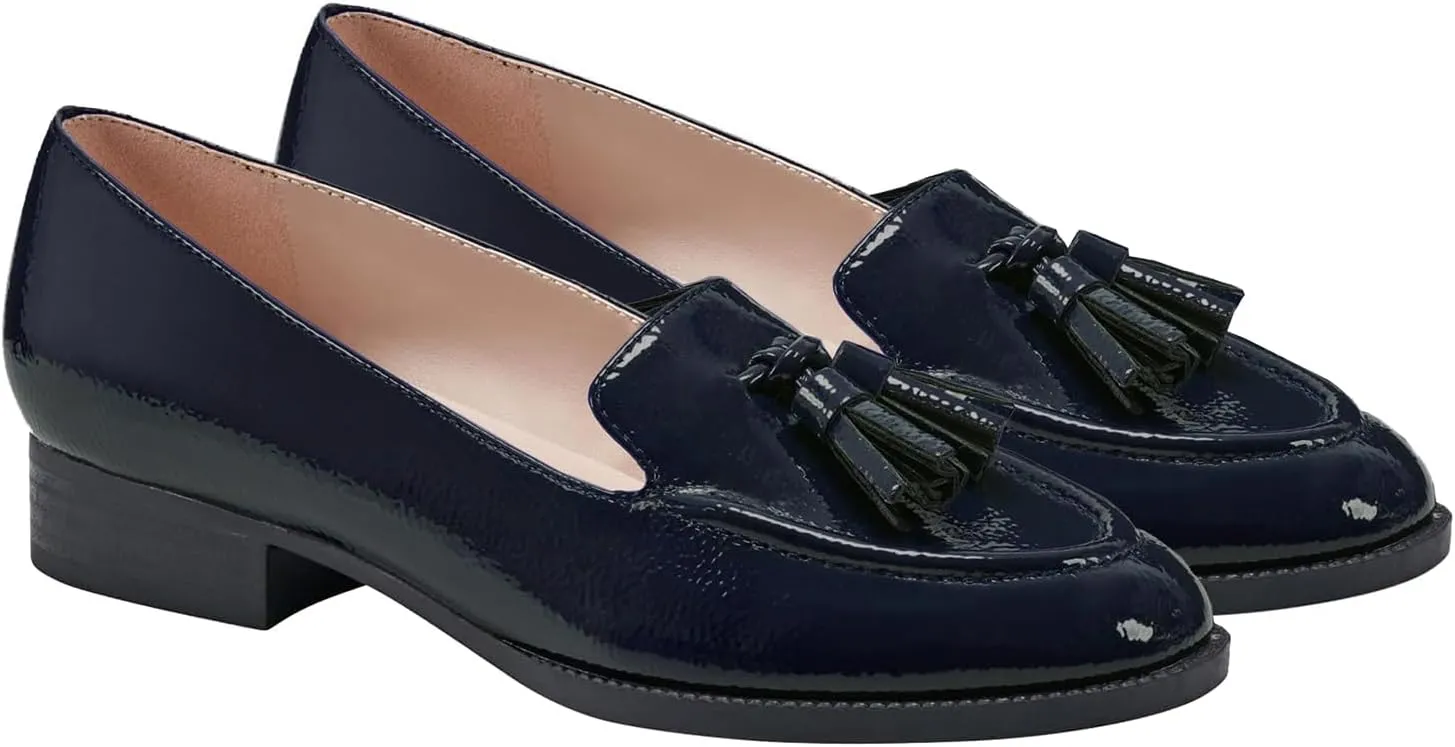 SHODENSE Women Tassel Loafers Round Toe Slip On Chunky Heel Loafer Shoes Fringe Patent 1 inch Low Heel Dress Shoes with Tassels Loafer Flats Office Casual Walking Driver Loafers Comfy 4-11 M US