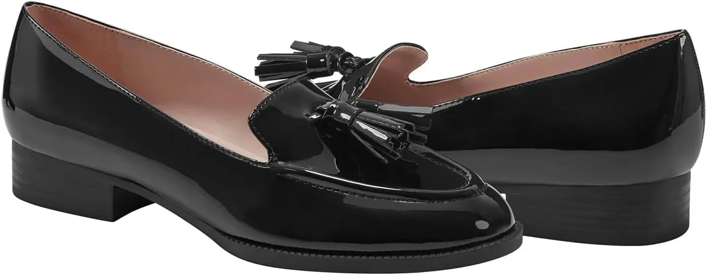 SHODENSE Women Tassel Loafers Round Toe Slip On Chunky Heel Loafer Shoes Fringe Patent 1 inch Low Heel Dress Shoes with Tassels Loafer Flats Office Casual Walking Driver Loafers Comfy 4-11 M US