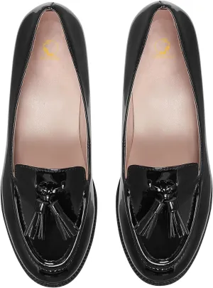 SHODENSE Women Tassel Loafers Round Toe Slip On Chunky Heel Loafer Shoes Fringe Patent 1 inch Low Heel Dress Shoes with Tassels Loafer Flats Office Casual Walking Driver Loafers Comfy 4-11 M US