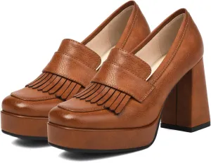 SHODENSE Women Vintage Chunky Platform Loafers Pumps Closed Square Toe Slip On High Block Heel Oxford Loafers Shoes Wingtip Burnished Buckle Strap Work Shoes for Office Ladies Formal Chic 4-10 M US