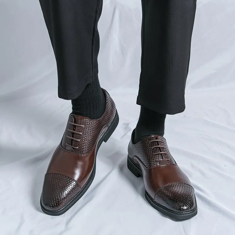 Shoes Dress Oxford for Men Lace Up Round Toe Faux Leather Cap Toe Patchwork Oxford Shoes Anti-Slip Low Top Rubber Sole Slip Resistant Block Heel(Brown,10.5)