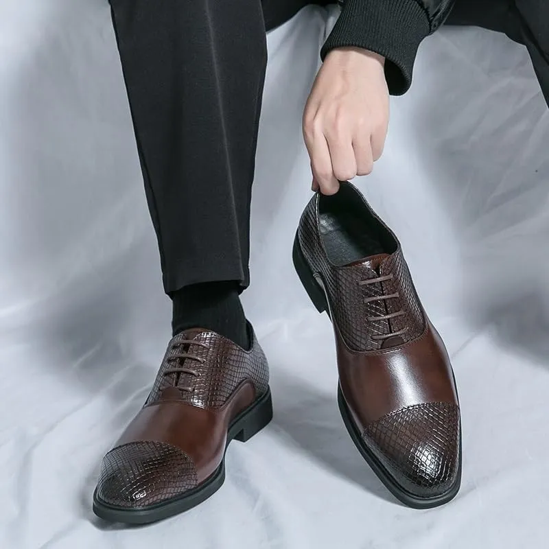 Shoes Dress Oxford for Men Lace Up Round Toe Faux Leather Cap Toe Patchwork Oxford Shoes Anti-Slip Low Top Rubber Sole Slip Resistant Block Heel(Brown,10.5)