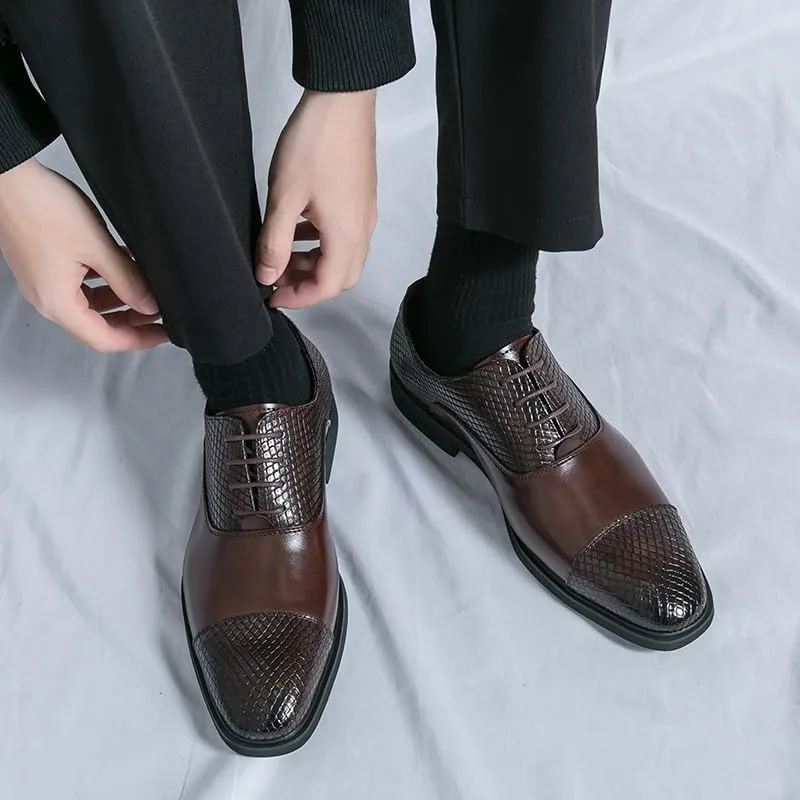 Shoes Dress Oxford for Men Lace Up Round Toe Faux Leather Cap Toe Patchwork Oxford Shoes Anti-Slip Low Top Rubber Sole Slip Resistant Block Heel(Brown,10.5)