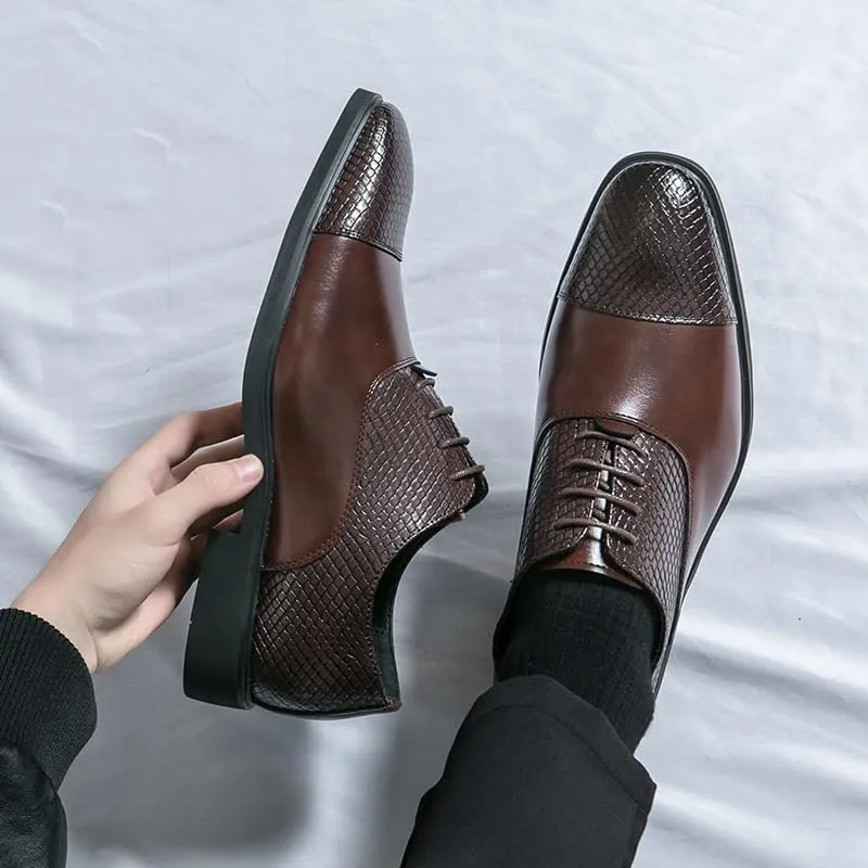 Shoes Dress Oxford for Men Lace Up Round Toe Faux Leather Cap Toe Patchwork Oxford Shoes Anti-Slip Low Top Rubber Sole Slip Resistant Block Heel(Brown,10.5)