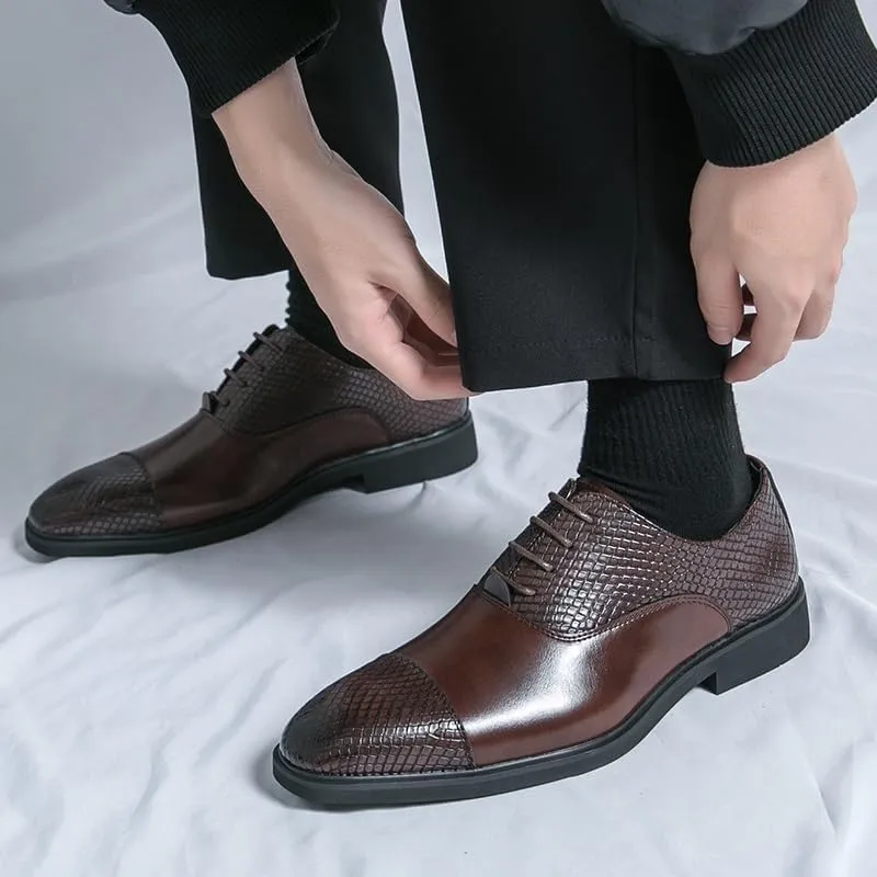 Shoes Dress Oxford for Men Lace Up Round Toe Faux Leather Cap Toe Patchwork Oxford Shoes Anti-Slip Low Top Rubber Sole Slip Resistant Block Heel(Brown,10.5)