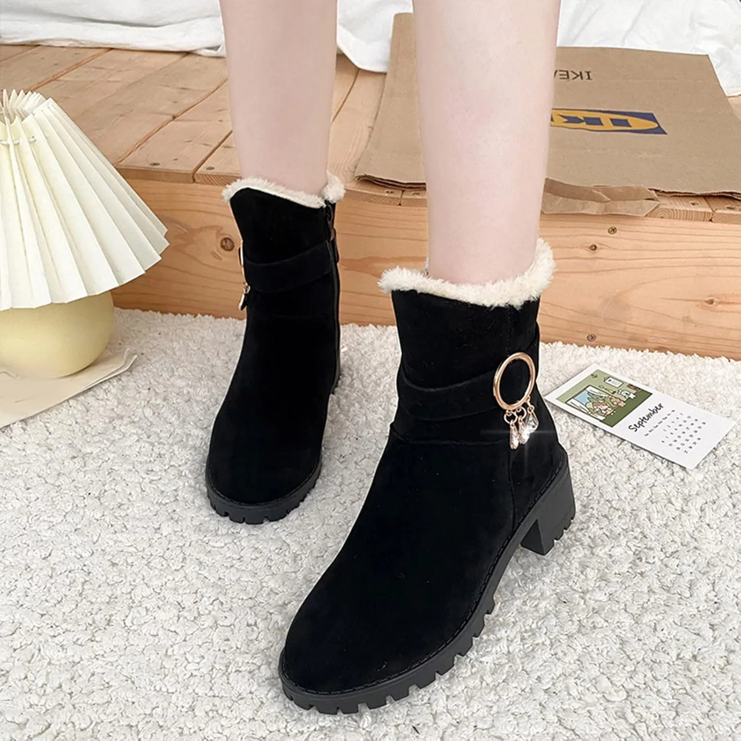Snow Boots for Women Mid Calf Boots Non-Slip Sole Solid Color Plush Warm Suede Side Zipper Rhinestone Snow Boots