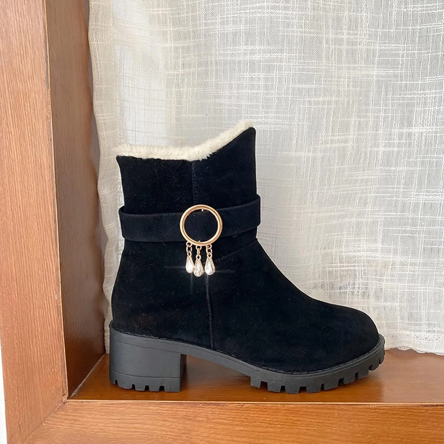 Snow Boots for Women Mid Calf Boots Non-Slip Sole Solid Color Plush Warm Suede Side Zipper Rhinestone Snow Boots