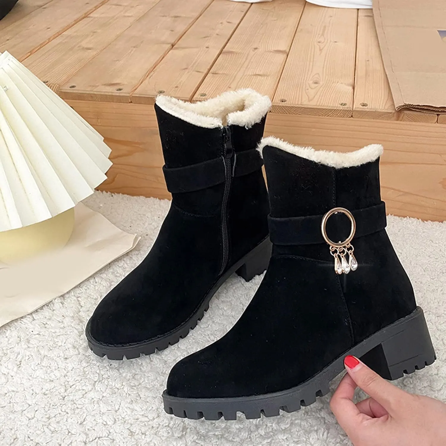 Snow Boots for Women Mid Calf Boots Non-Slip Sole Solid Color Plush Warm Suede Side Zipper Rhinestone Snow Boots