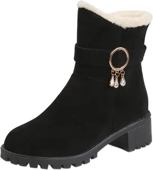 Snow Boots for Women Mid Calf Boots Non-Slip Sole Solid Color Plush Warm Suede Side Zipper Rhinestone Snow Boots
