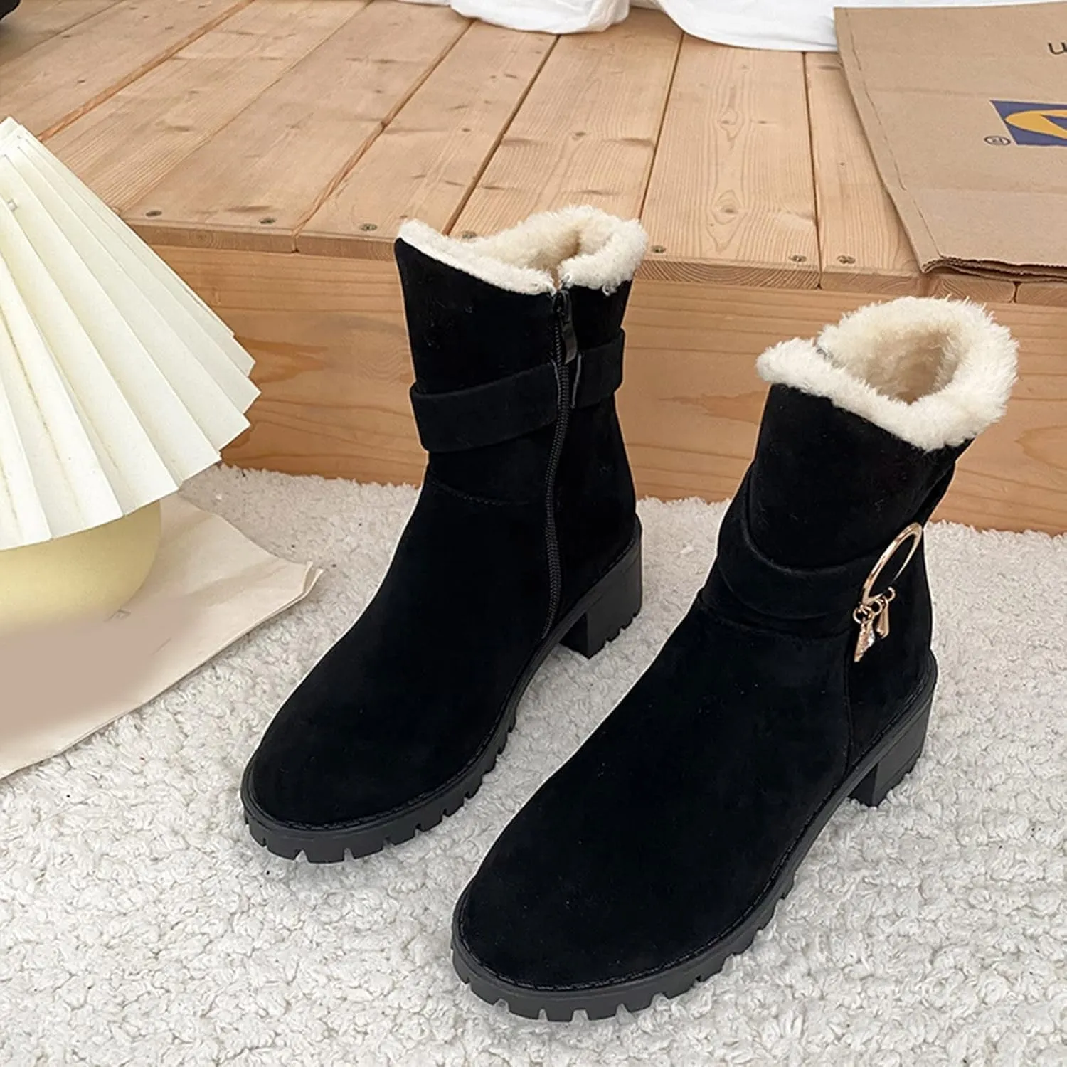 Snow Boots for Women Mid Calf Boots Non-Slip Sole Solid Color Plush Warm Suede Side Zipper Rhinestone Snow Boots