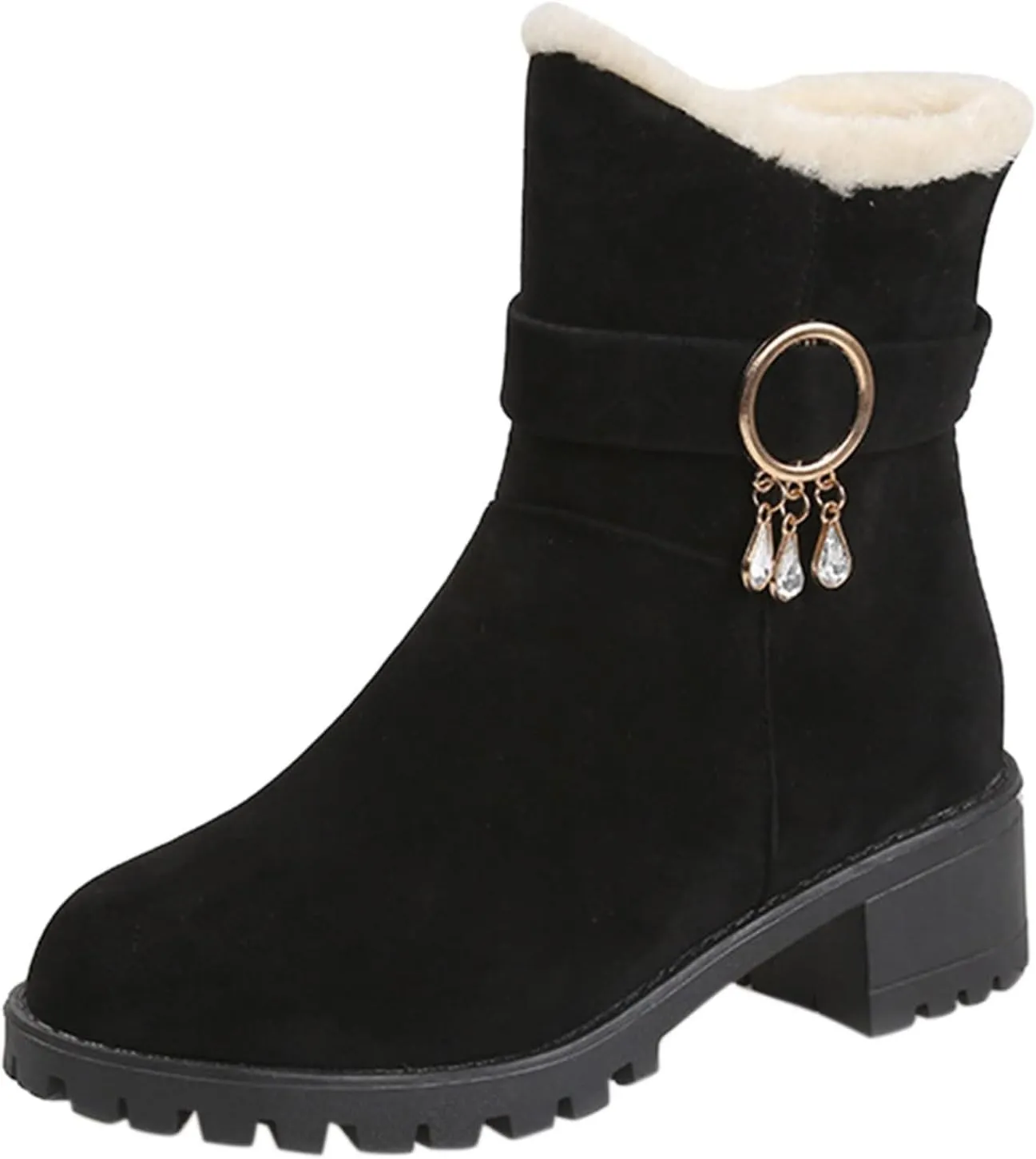 Snow Boots for Women Mid Calf Boots Non-Slip Sole Solid Color Plush Warm Suede Side Zipper Rhinestone Snow Boots