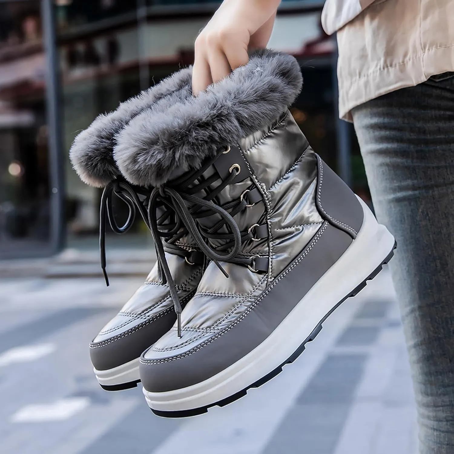 Snow Boots for Women Platform Boots Winter Thick Bottom Flat Heel Waterproof Lace Up Padded Warm Mid-Calf Snow Boots