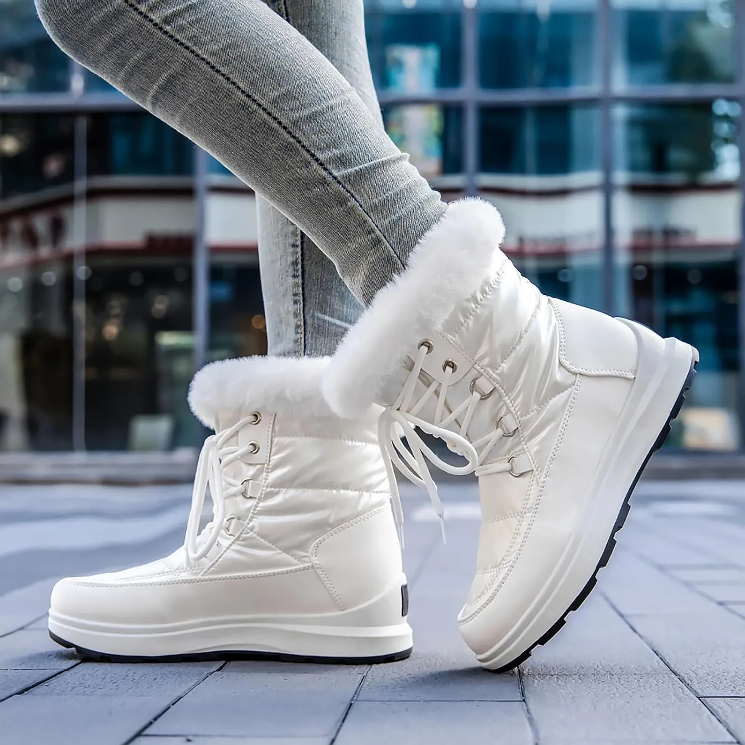 Snow Boots for Women Platform Boots Winter Thick Bottom Flat Heel Waterproof Lace Up Padded Warm Mid-Calf Snow Boots