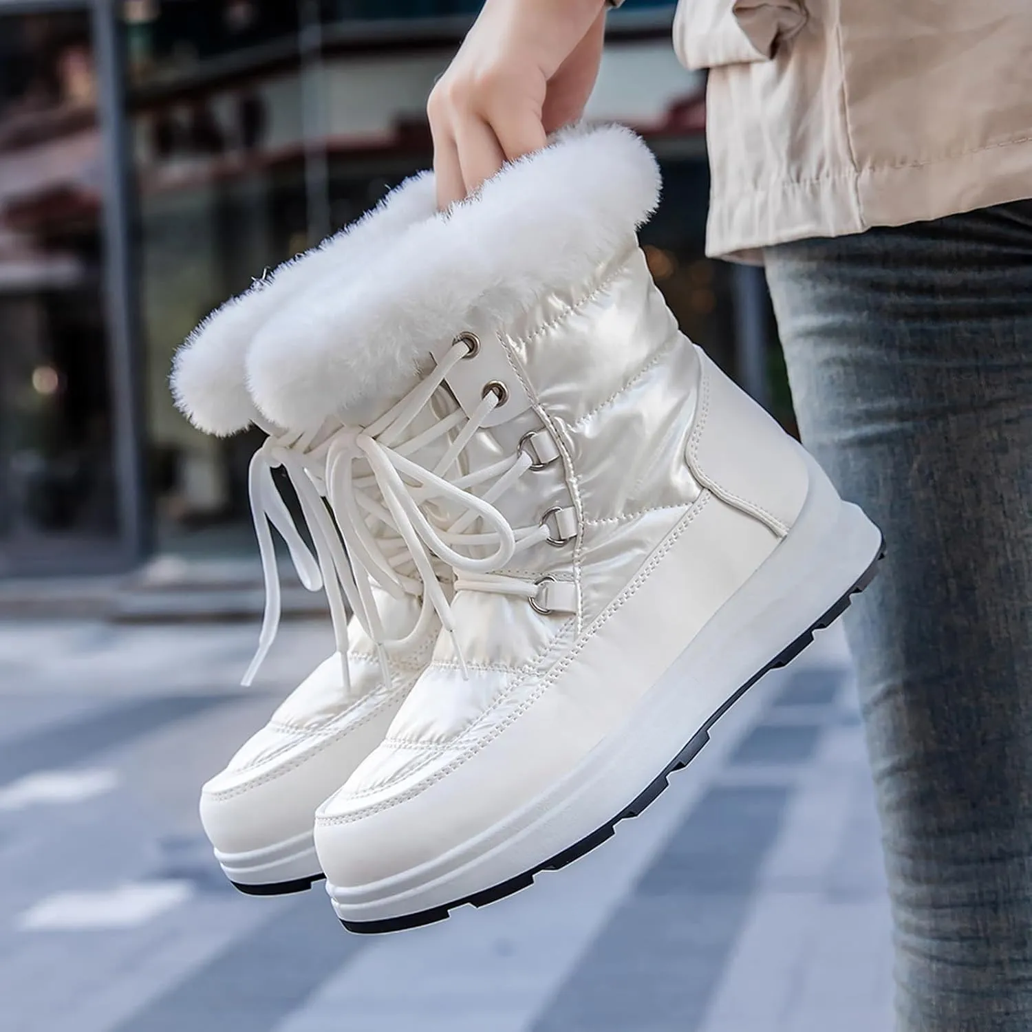 Snow Boots for Women Platform Boots Winter Thick Bottom Flat Heel Waterproof Lace Up Padded Warm Mid-Calf Snow Boots