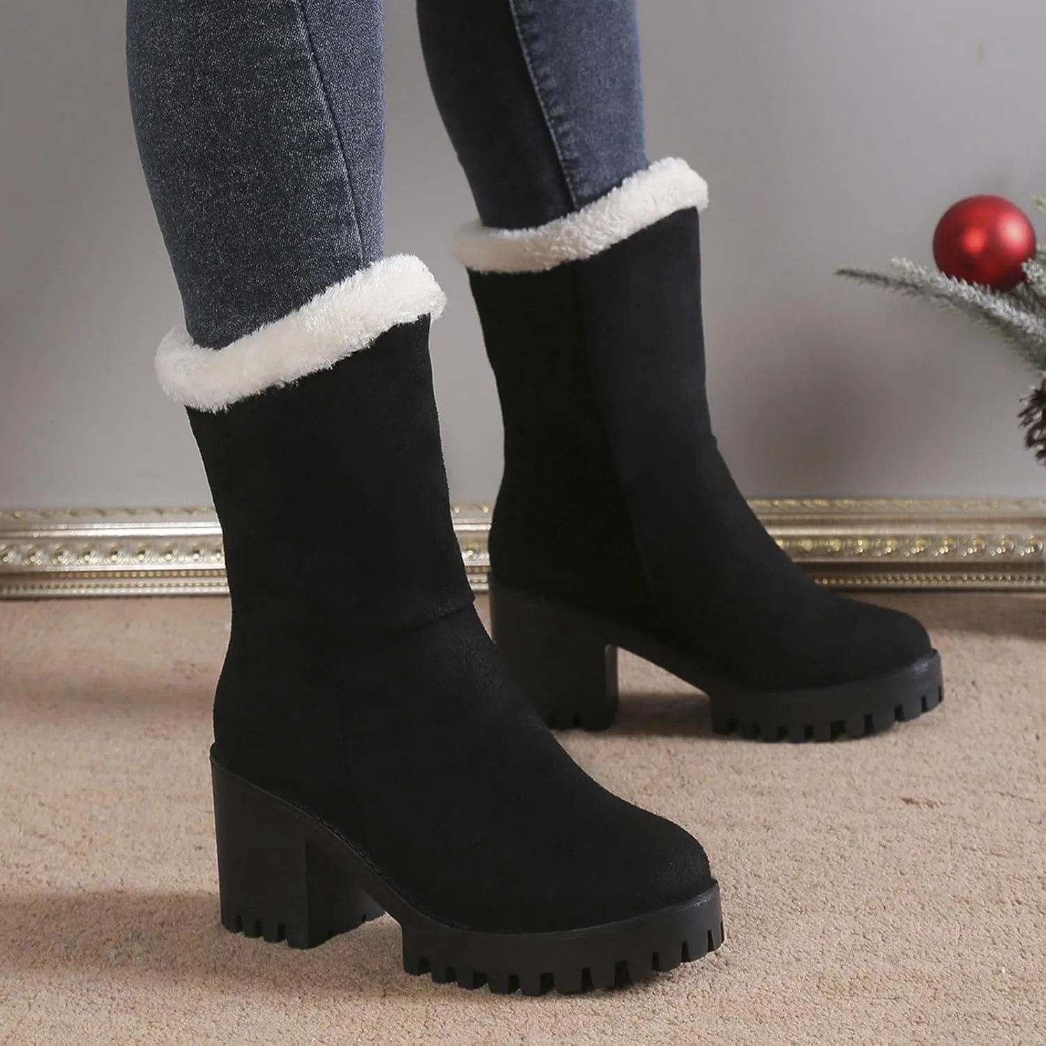 Snow Boots for Women Waterproof Block Heel Boots Warm Ladies Fashion Winter Plush Suede Thick High Heel Cotton Boots