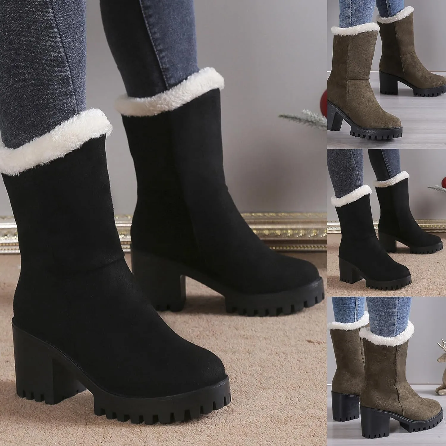 Snow Boots for Women Waterproof Block Heel Boots Warm Ladies Fashion Winter Plush Suede Thick High Heel Cotton Boots