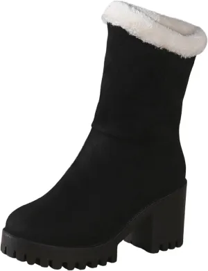 Snow Boots for Women Waterproof Block Heel Boots Warm Ladies Fashion Winter Plush Suede Thick High Heel Cotton Boots