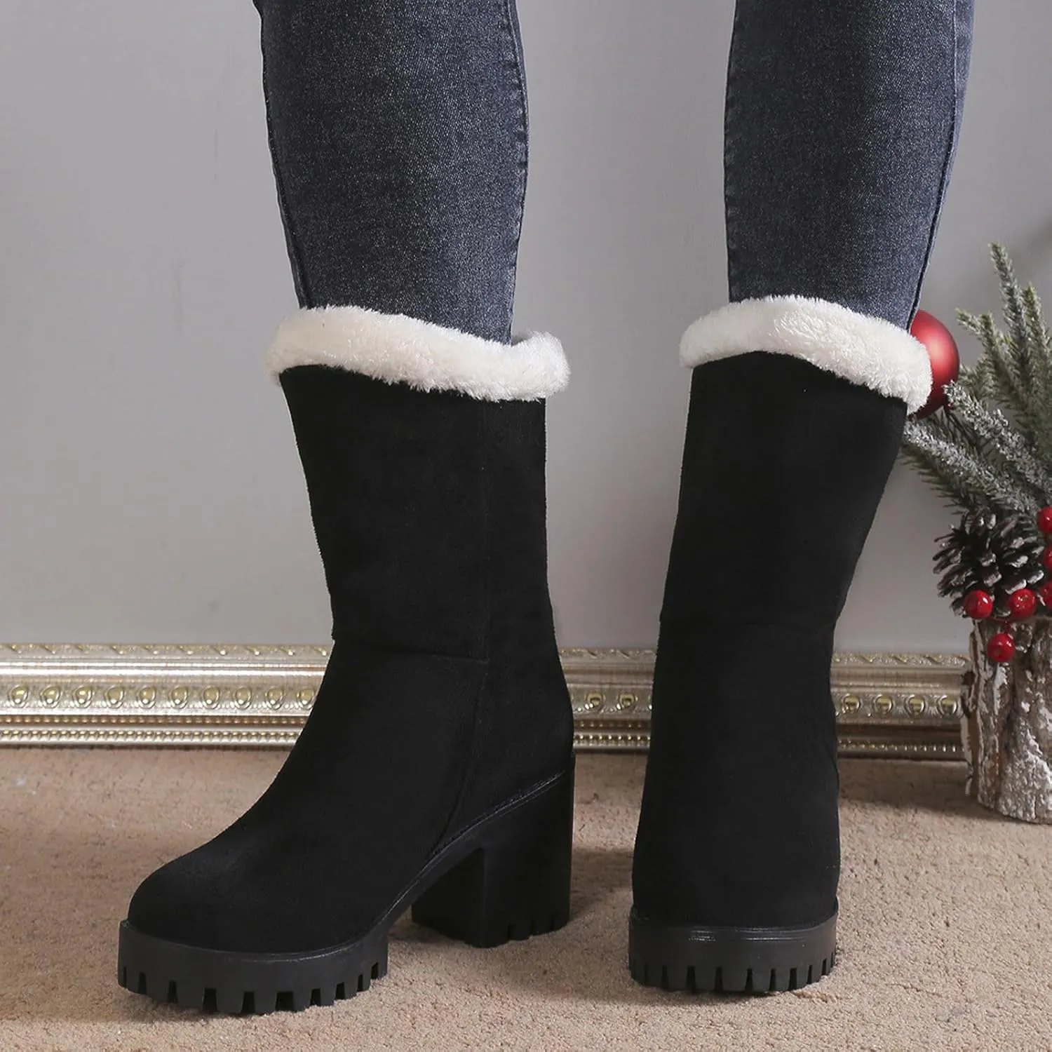 Snow Boots for Women Waterproof Block Heel Boots Warm Ladies Fashion Winter Plush Suede Thick High Heel Cotton Boots