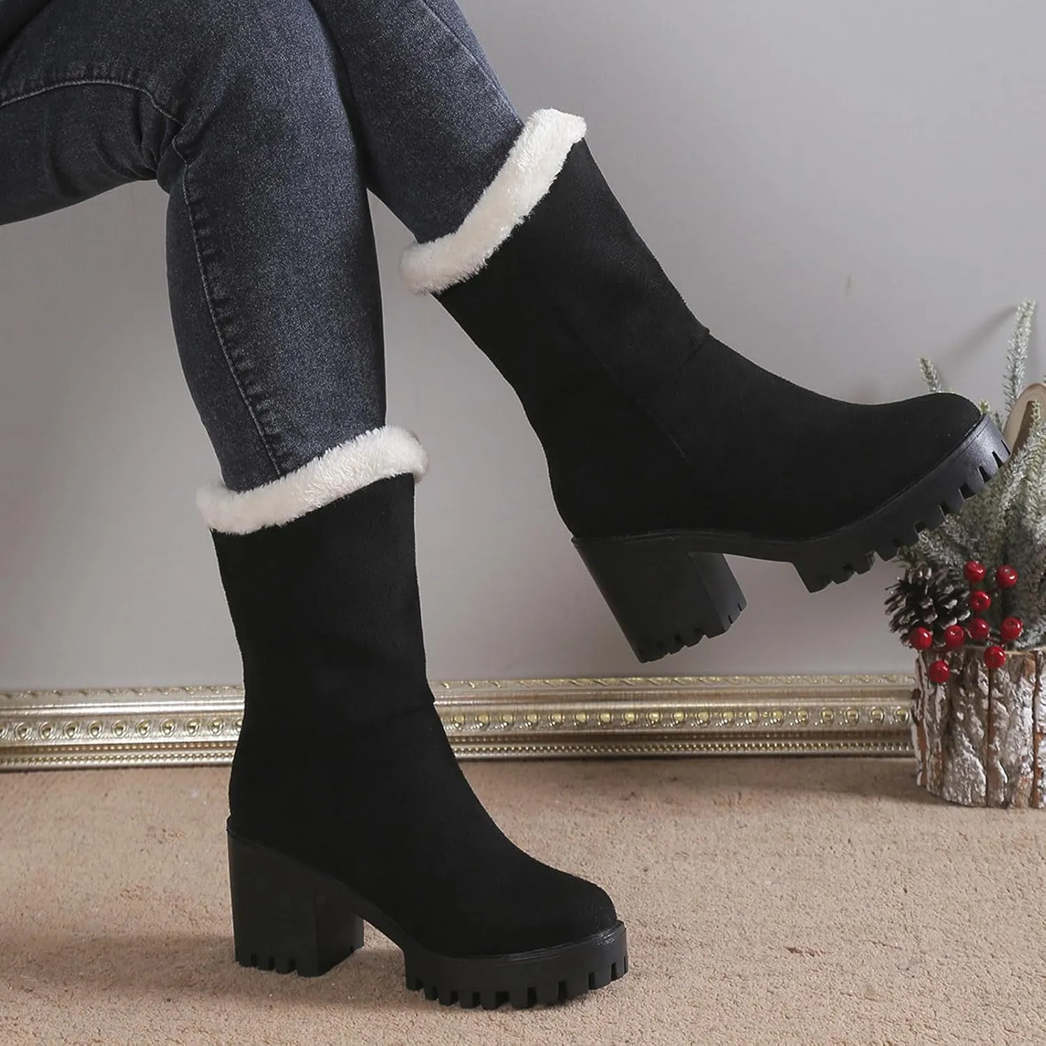 Snow Boots for Women Waterproof Block Heel Boots Warm Ladies Fashion Winter Plush Suede Thick High Heel Cotton Boots