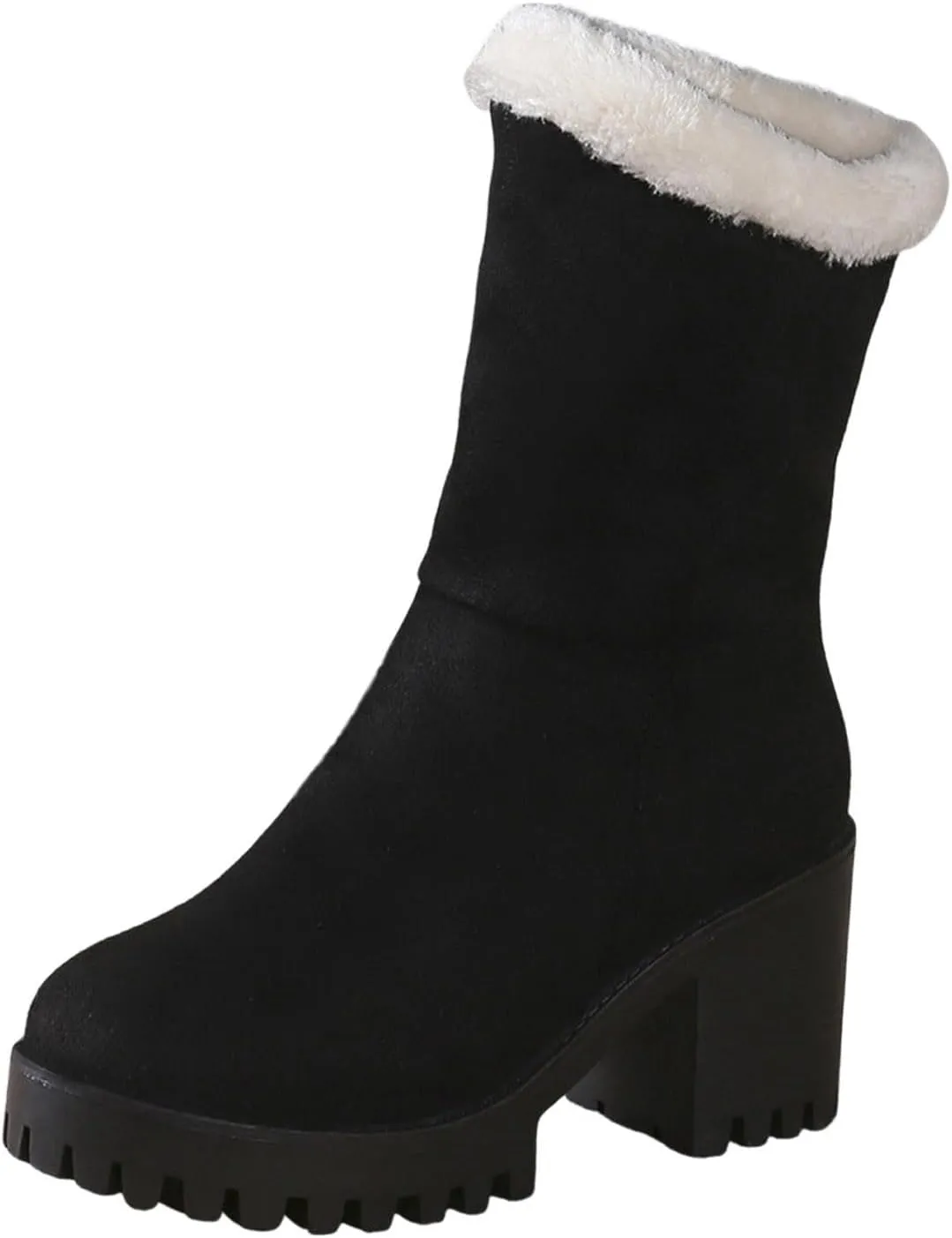 Snow Boots for Women Waterproof Block Heel Boots Warm Ladies Fashion Winter Plush Suede Thick High Heel Cotton Boots