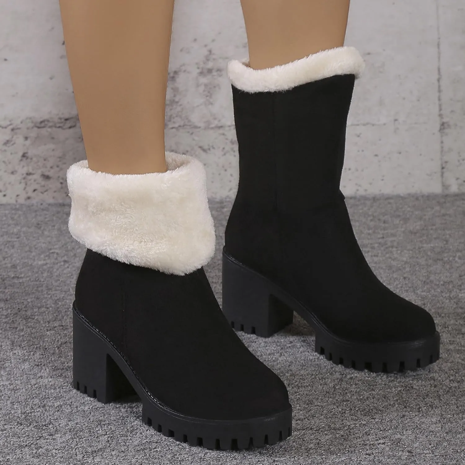 Snow Boots for Women Waterproof Block Heel Boots Warm Ladies Fashion Winter Plush Suede Thick High Heel Cotton Boots