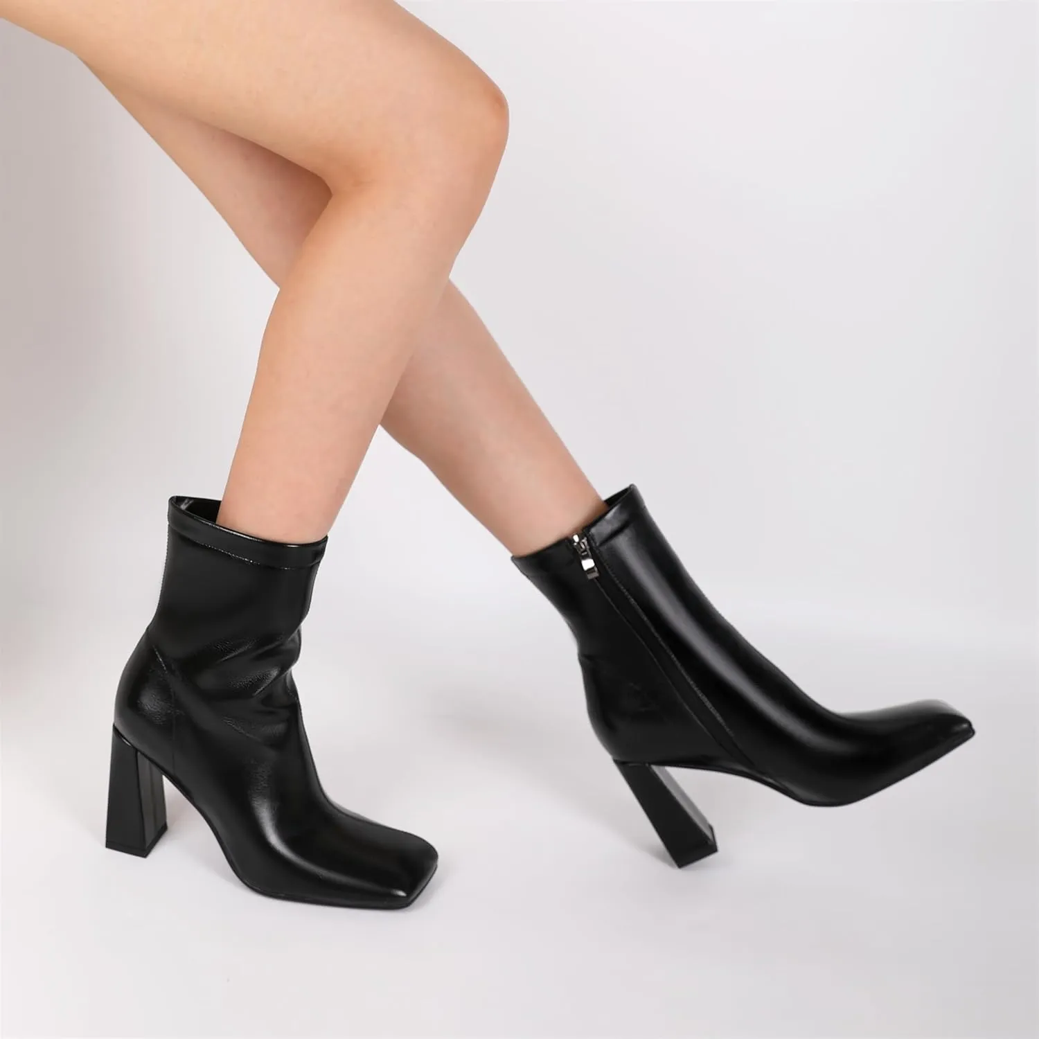 Soireelady Womens Ankle Boots Chunky Heel Boots Square Toe Short Booties High Heeled Gogo Boots Fashion Fall Bootie Shoes 3.5 Inch