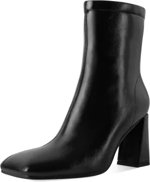 Soireelady Womens Ankle Boots Chunky Heel Boots Square Toe Short Booties High Heeled Gogo Boots Fashion Fall Bootie Shoes 3.5 Inch