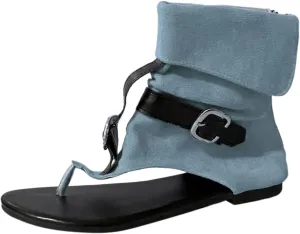 Summer Sandals for Women Clip Toe Denim Flat Sandals Booties Retro Casual Beach Thong Flip Flops Comfort Roman Shoes