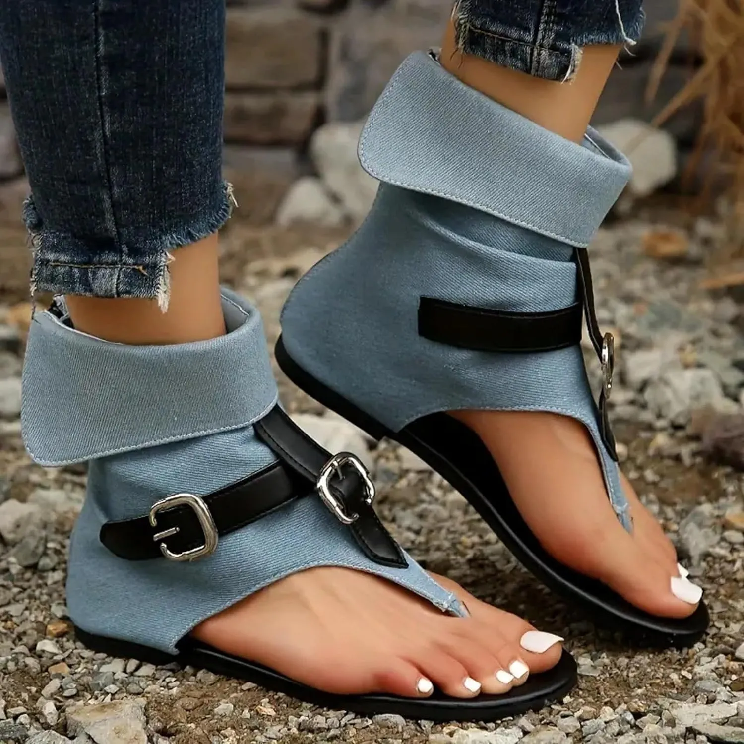 Summer Sandals for Women Clip Toe Denim Flat Sandals Booties Retro Casual Beach Thong Flip Flops Comfort Roman Shoes