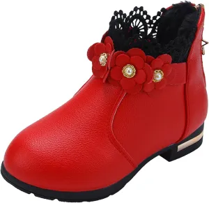 Toddler Boots Baby Girl Boy Warm ?aterproof Winter 3D Flowers Ankle Boots Leather Soft Sole (Red, 13 Little Child)