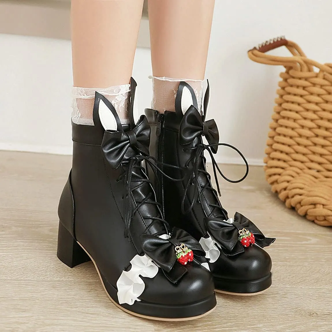 Trendenzy Women's Sweet Lace Boots Chunky Lace Up Platform Ankle Boots with Bow