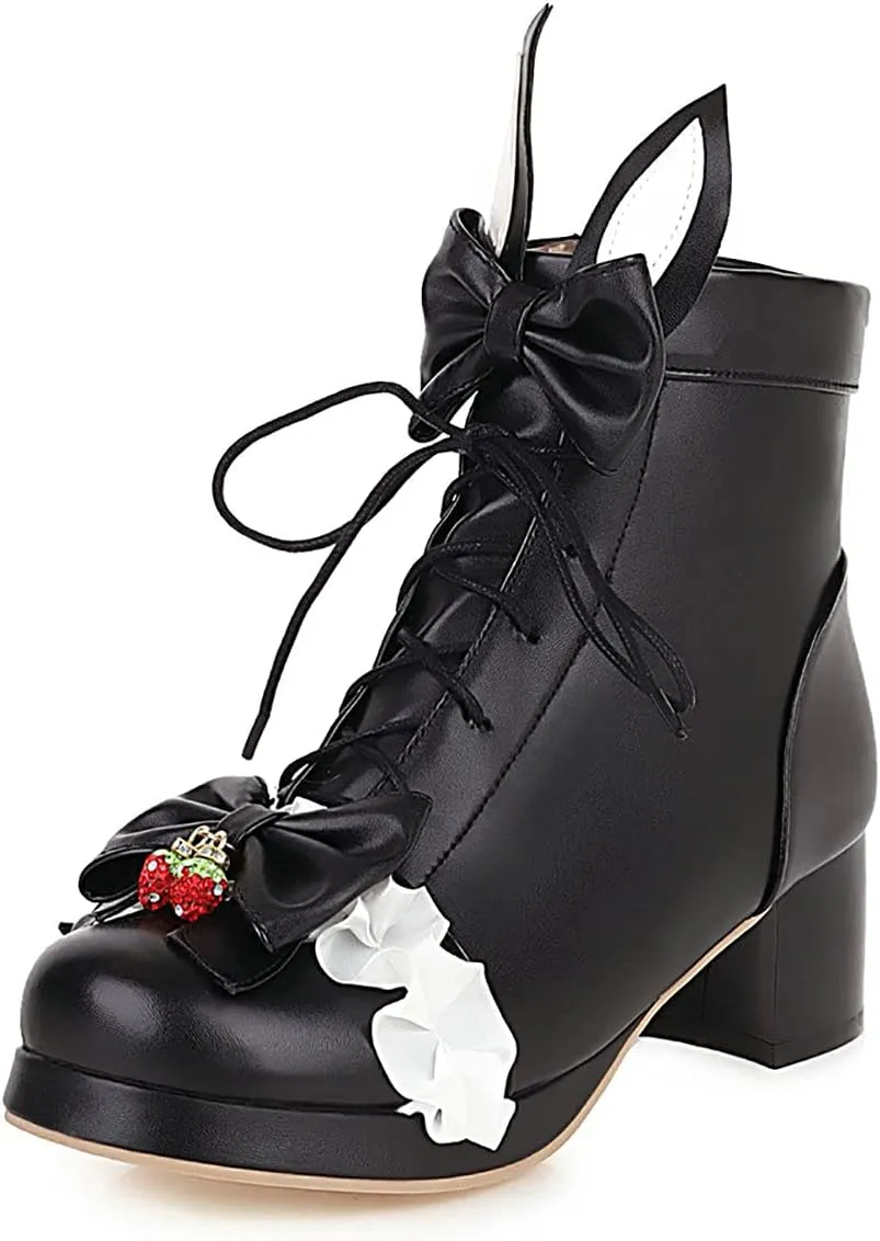 Trendenzy Women's Sweet Lace Boots Chunky Lace Up Platform Ankle Boots with Bow