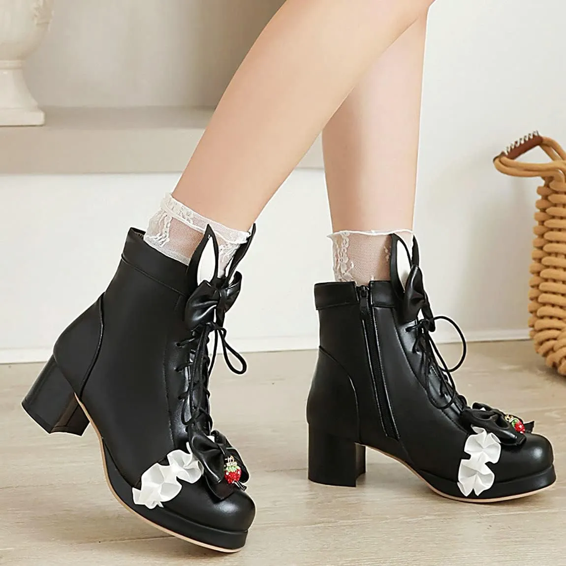 Trendenzy Women's Sweet Lace Boots Chunky Lace Up Platform Ankle Boots with Bow