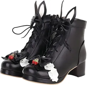 Trendenzy Women's Sweet Lace Boots Chunky Lace Up Platform Ankle Boots with Bow