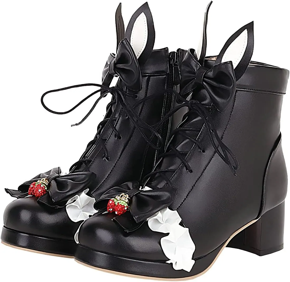 Trendenzy Women's Sweet Lace Boots Chunky Lace Up Platform Ankle Boots with Bow