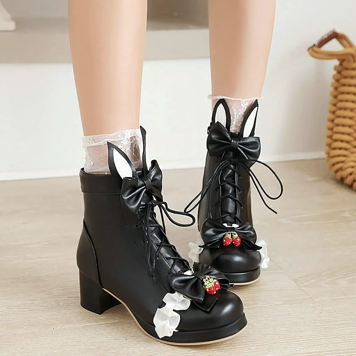 Trendenzy Women's Sweet Lace Boots Chunky Lace Up Platform Ankle Boots with Bow