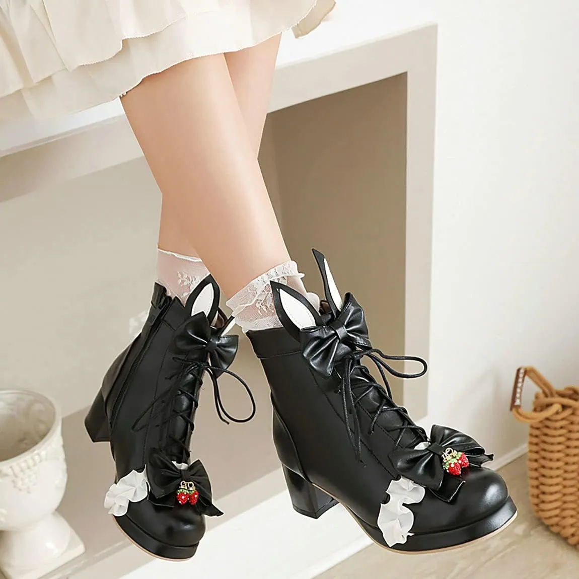 Trendenzy Women's Sweet Lace Boots Chunky Lace Up Platform Ankle Boots with Bow