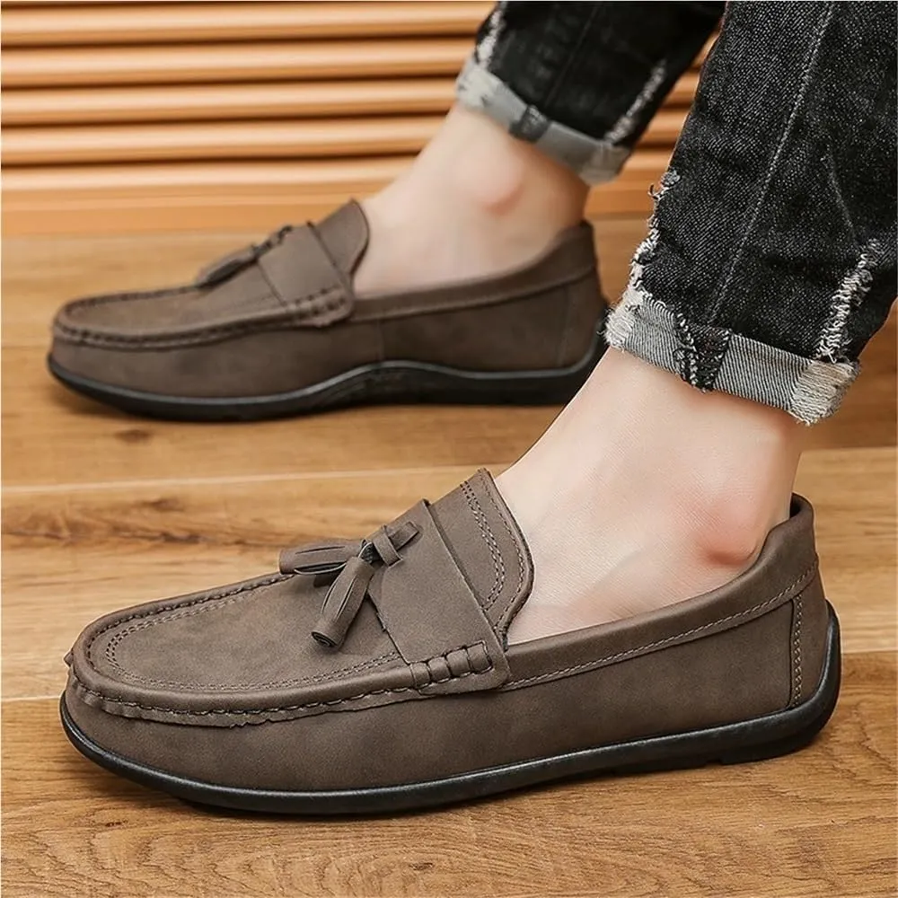 Vintage Loafers for Men's Suede Vamp Comfor Wedding Round Toe Office Block Heel Shoe Slip On