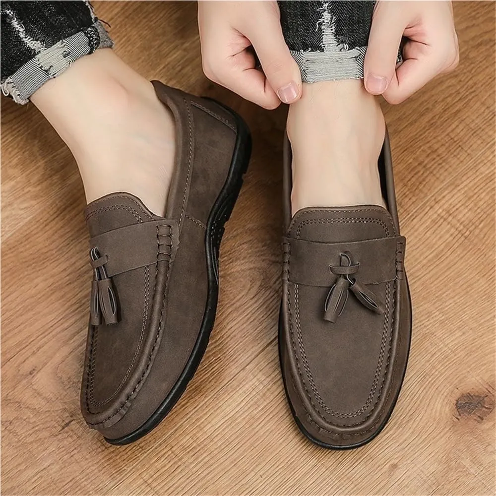 Vintage Loafers for Men's Suede Vamp Comfor Wedding Round Toe Office Block Heel Shoe Slip On