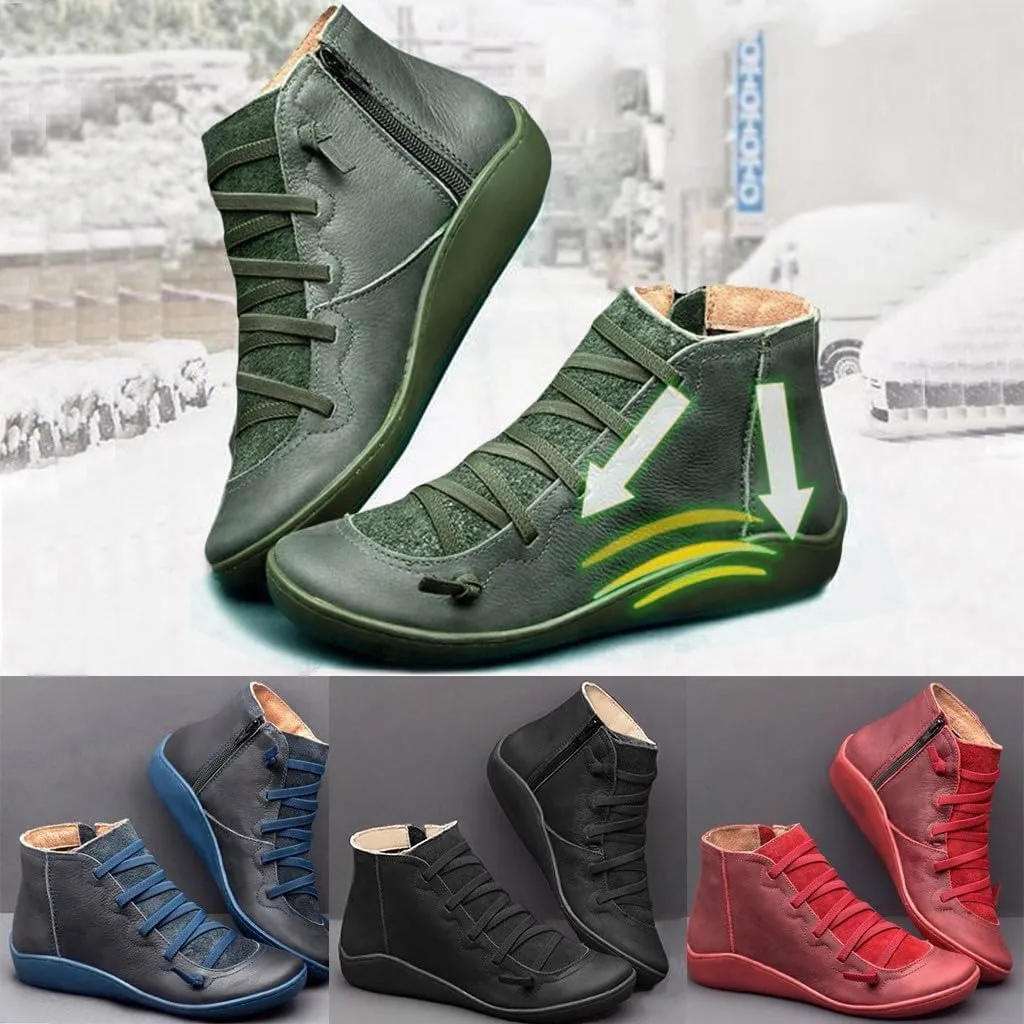 Winter Boots for Women 2024 Platform Boots Casual Retro Leather Round Toe Lace-up Shoe Side Zipper Flat Booties