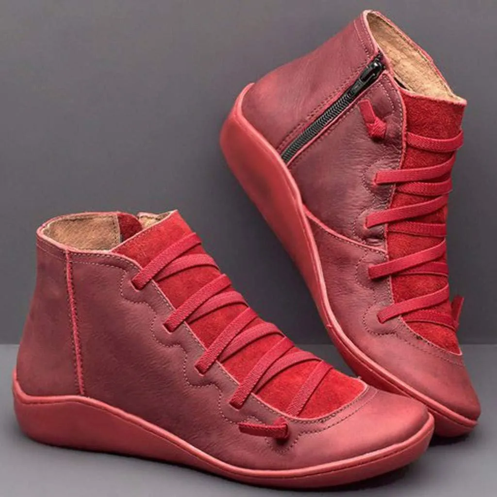 Winter Boots for Women 2024 Platform Boots Casual Retro Leather Round Toe Lace-up Shoe Side Zipper Flat Booties