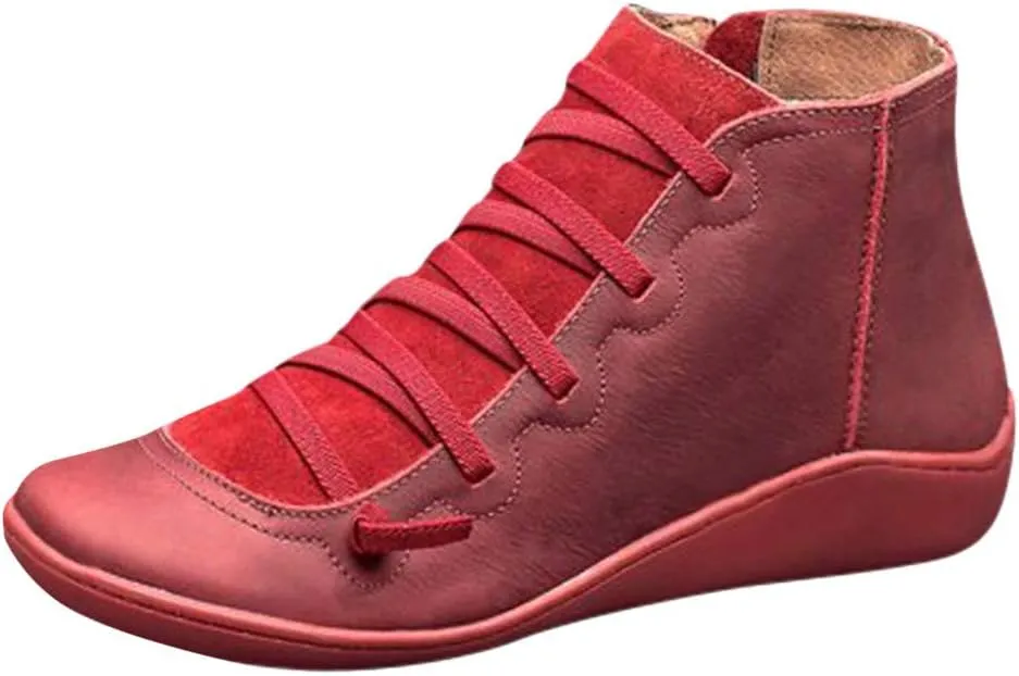Winter Boots for Women 2024 Platform Boots Casual Retro Leather Round Toe Lace-up Shoe Side Zipper Flat Booties