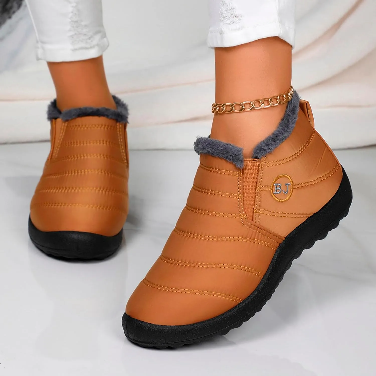 Women Fuzzy Fleece Lined Snow Ankle Boot Outdoor Hiking Casual Flat Booties Winter Warm Trendy Round Toe Short Boot